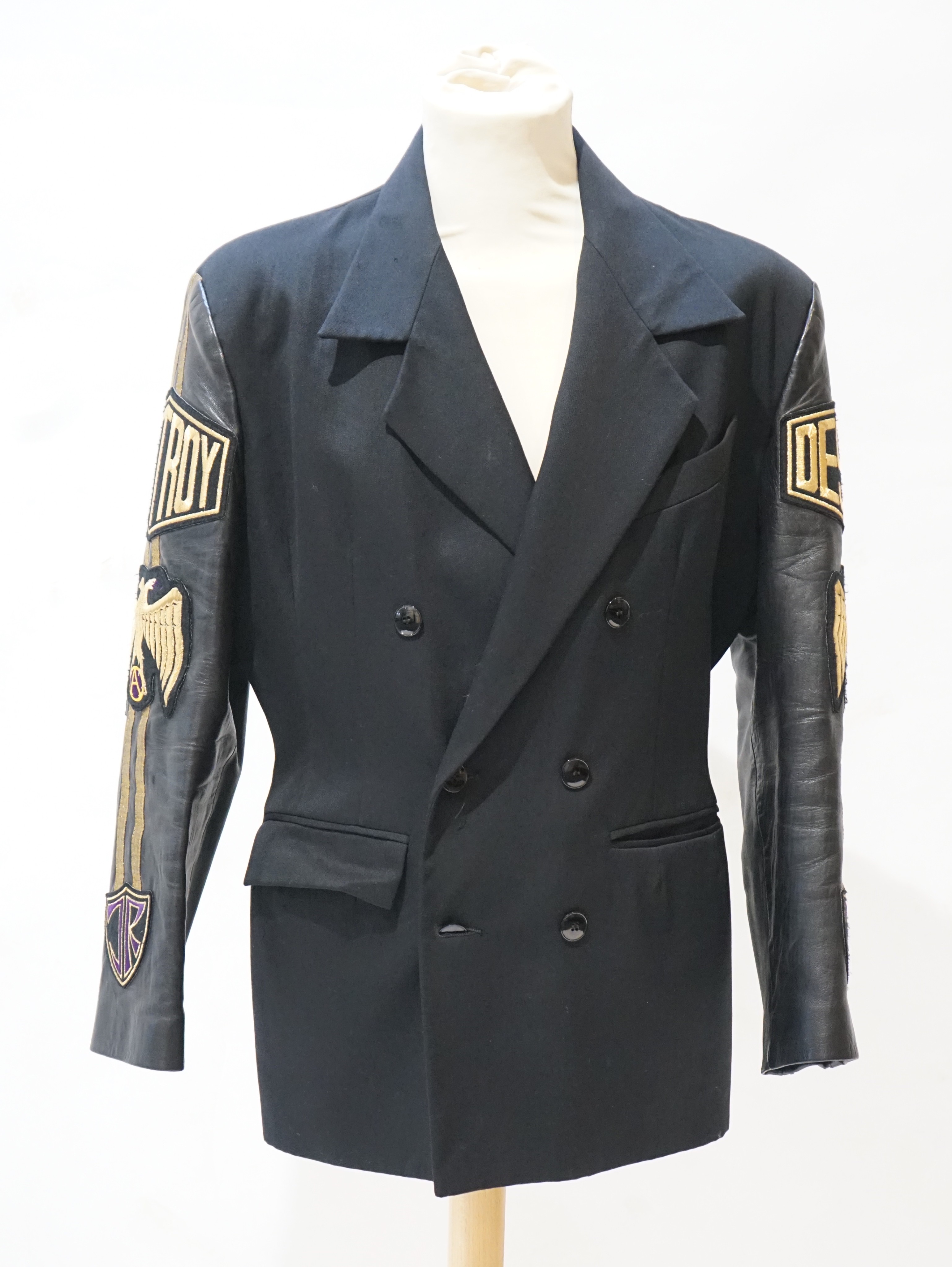 A gentleman's John Richmond double breasted wool jacket with 'Destroy' embroidered leather sleeves, size medium